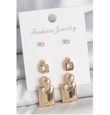 Pirinç Gold Renk Zirkon Taşlı Sallantılı Kare Model 3 Çift Kadın Küpe Seti