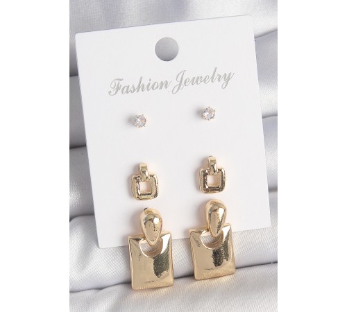 Pirinç Gold Renk Zirkon Taşlı Sallantılı Kare Model 3 Çift Kadın Küpe Seti Pirinç Gold Renk Zirkon Taşlı Sallantılı Kare Model 3 Çift Kadın Küpe Seti