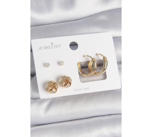 Pirinç Gold Renk Zirkon Taşlı Halka Model Burgu Detay 3 Çift Kadın Küpe Seti Pirinç Gold Renk Zirkon Taşlı Halka Model Burgu Detay 3 Çift Kadın Küpe Seti