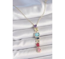 Gold Karışık Renk Zirkon Taşlı Y Pirinç Kolye