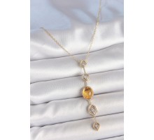 Pirinç Zincir Kehribar Sarı Gold Renk  Zirkon Taşlı Y Kolye