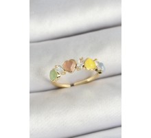 Pirinç Sıralı Kalp Figürlü Zirkon Taşlı Gold Renk Ayarlanabilir Kadın Yüzük