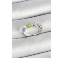 Pirinç Sıralı Kalp Figürlü Zirkon Taşlı Gümüş Renk Ayarlanabilir Kadın Yüzük