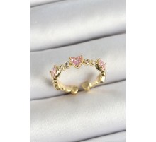 Pirinç Sıralı Kalp Figürlü Zirkon Taşlı Gold Renk Ayarlanabilir Kadın Yüzük