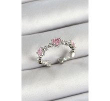 Pirinç Sıralı Kalp Figürlü Zirkon Taşlı Gümüş Renk Ayarlanabilir Kadın Yüzük