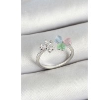 Pirinç Kalp Figürlü Zirkon Taşlı Gümüş Renk Ayarlanabilir Kadın Yüzük