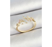 Pirinç Yaprak Figürlü Zirkon Taşlı Gold Renk Ayarlanabilir Kadın Yüzük