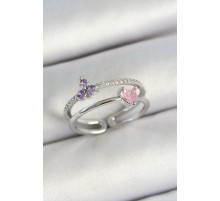 Pirinç Kalp Ve Çiçek Figürlü Zirkon Taşlı Gümüş Renk Ayarlanabilir Kadın Yüzük