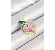 Pembe Ve Yeşil Zirkon Taşlı 3D Eriyen Kalp Figürlü Gold Renk Kadın Broş