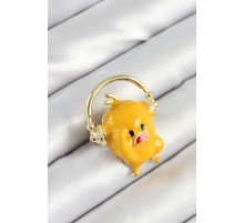 3D Kulaklıklı Sarı Civciv Figürlü Gold Renk Kadın Broş