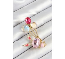 Zirkon Taşlı  Balonlu Pembe Tavşan Figürlü Gold Renk Kadın Broş