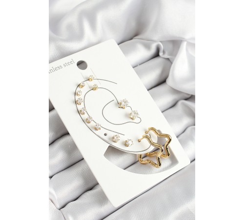 316L Çelik Yıldız Figürlü Ve Zirkon Taşlı Gold Renk 7'li Çift Kadın Küpe Set 316L Çelik Yıldız Figürlü Ve Zirkon Taşlı Gold Renk 7'li Çift Kadın Küpe Set