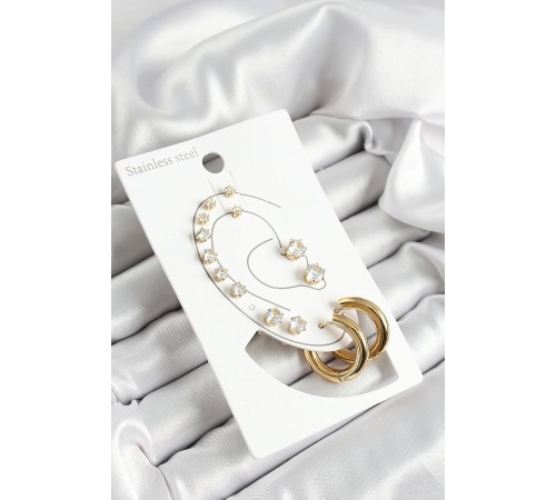 316L Çelik Halka Figürlü Ve Zirkon Taşlı Gold Renk 7'li Çift Kadın Küpe Set 316L Çelik Halka Figürlü Ve Zirkon Taşlı Gold Renk 7'li Çift Kadın Küpe Set