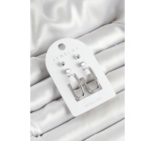 Pirinç Zirkon Taş Ve Dikdörtgen Figürlü Gümüş Renk 3'lü Çift Kadın Küpe Set