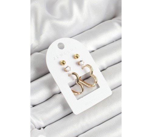 Pirinç Zirkon Taş Ve Kalp Figürlü Gold Renk 3'lü Çift Kadın Küpe Set Pirinç Zirkon Taş Ve Kalp Figürlü Gold Renk 3'lü Çift Kadın Küpe Set