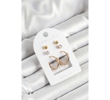 Pirinç Zirkon Taş Ve Halka Figürlü Gold Renk 3'lü Çift Kadın Küpe Set