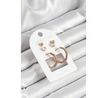 Pirinç Zirkon Taş Ve Kemik Halka Figürlü Gold Renk 3'lü Çift Kadın Küpe Set