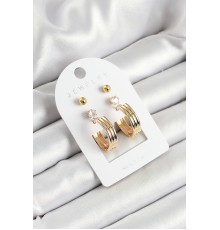 Pirinç Zirkon Taş Ve Halka Figürlü Gold Renk 3'lü Çift Kadın Küpe Set