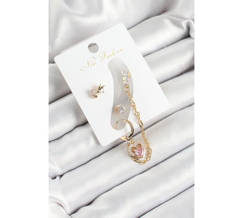 Pirinç Fiyonk ve Kalp Figürlü Zirkon Taşlı Gold Renk 3'lü Kıkırdak Kadın Küpe Set Pirinç Fiyonk ve Kalp Figürlü Zirkon Taşlı Gold Renk 3'lü Kıkırdak Kadın Küpe Set