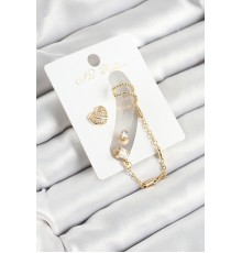 Pirinç Kalp Figürlü Zirkon Taşlı Gold Renk 3'lü Kıkırdak Kadın Küpe Set