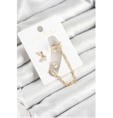 Pirinç Kelebek Figürlü Zirkon Taşlı Gold Renk 3'lü Kıkırdak Kadın Küpe Set