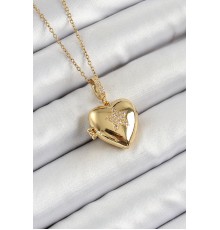316L Çelik Zincir Açılabilir Yıldız Figürlü Kalp Model Zirkon Taşlı Gold Renk Kadın Kolye