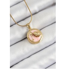316L Çelik Zincir Pembe Mineli Sanatsal Portre İstiridye Model Gold Renk Kadın Kolye