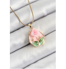 316L Çelik Zincir Zirkon Taşlı Pembe Sanatsal Portre Gül Figürlü Beşgen Model Gold Renk Kadın Kolye