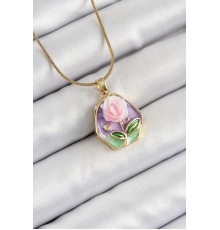 316L Çelik Zincir Zirkon Taşlı Pembe Ve Mor Sanatsal Portre Gül Figürlü Beşgen Model Gold Renk Kadın Kolye