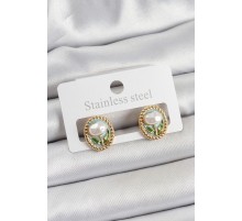 Pirinç Yeşil Mineli Lale Figürlü Sanatsal Portre Model Gold Renk Kadın Küpe