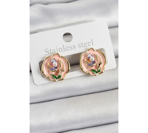 Pirinç Pembe Mineli Çiçek Figürlü Sanatsal Portre Model Gold Renk Kadın Küpe Pirinç Pembe Mineli Çiçek Figürlü Sanatsal Portre Model Gold Renk Kadın Küpe