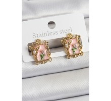 Pirinç Pembe Mineli Sanatsal Portre Model Gold Renk Kadın Küpe