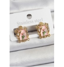 Pirinç Pembe Mineli Sanatsal Portre Model Gold Renk Kadın Küpe