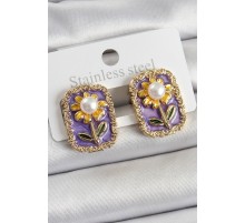 Pirinç Mor Mineli Papatya Figürlü Sanatsal Portre Model Gold Renk Kadın Küpe