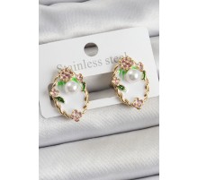 Pirinç Beyaz Mineli İnci Detaylı Sanatsal Portre Model Gold Renk Kadın Küpe