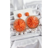 Turuncu Hasır Örgü Sarmal Model Sallantılı İnci Detaylı Gold Renk Kadın Küpe