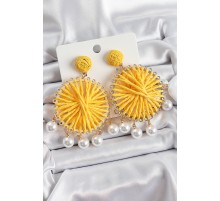 Sarı Hasır Örgü Sarmal Model Sallantılı İnci Detaylı Gold Renk Kadın Küpe