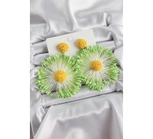 Yeşil Püsküllü Papatya Figürlü Hasır Örgü Model Gold Renk Kadın Küpe