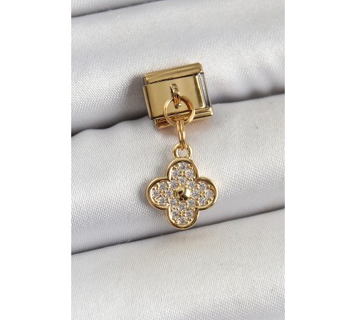 316L Çelik Sallantılı Zirkon Taşlı Yonca Model Gold Renk Nomination Charm 316L Çelik Sallantılı Zirkon Taşlı Yonca Model Gold Renk Nomination Charm