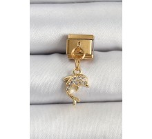 316L Çelik Sallantılı Zirkon Taşlı Yunus Balığı Model Gold Renk Nomination Charm