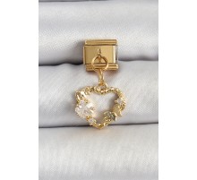 316L Çelik Sallantılı Zirkon Taşlı Kalp Model Gold Renk Nomination Charm