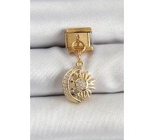 316L Çelik Sallantılı Zirkon Taşlı Ay Ve Güneş Model Gold Renk Nomination Charm