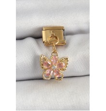 316L Çelik Sallantılı Zirkon Taşlı Çiçek Figürlü Kelebek Model Gold Renk Nomination Charm