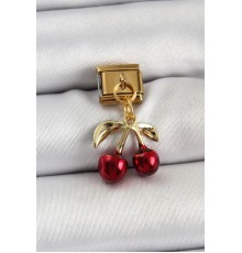 316L Çelik Sallantılı Kırmızı Kiraz Model Gold Renk Nomination Charm