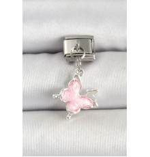 316L Çelik Gümüş Renk Pembe Kelebek Model Nomination Charm