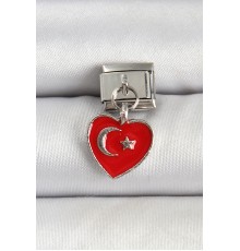 316L Çelik Gümüş Renk Kalp Türk Bayrağı Model Nomination Charm
