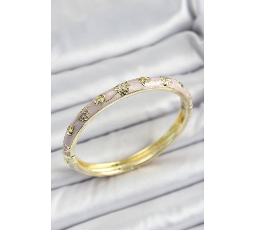 Mineli Pirinç Gold Renk Pembe Renk Motifli Kadın Kelepçe Mineli Pirinç Gold Renk Pembe Renk Motifli Kadın Kelepçe