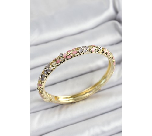 Mineli Pirinç Gold Renk Pembe Çiçek Motifli Kadın Kelepçe Mineli Pirinç Gold Renk Pembe Çiçek Motifli Kadın Kelepçe