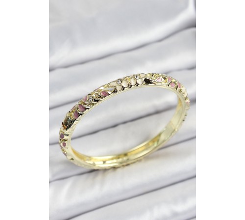 Mineli Pirinç Gold Renk Pembe Çiçek Desen Motifli Kadın Kelepçe Mineli Pirinç Gold Renk Pembe Çiçek Desen Motifli Kadın Kelepçe