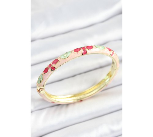 Mineli Pirinç Beyaz Pembe Yeşil Çiçek Desenli Gold Renk Kadın Kelepçe Mineli Pirinç Beyaz Pembe Yeşil Çiçek Desenli Gold Renk Kadın Kelepçe